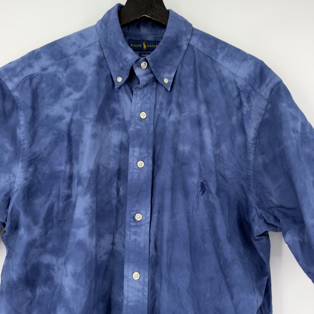 Ralph Lauren Mens Classic Blue Tie Dye Short Sleeve Button Down Shirt Large Tall